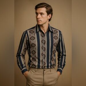 Vintage Kingsport Geometric Stripe Medallion Shirt Navy Blue Made in Korea